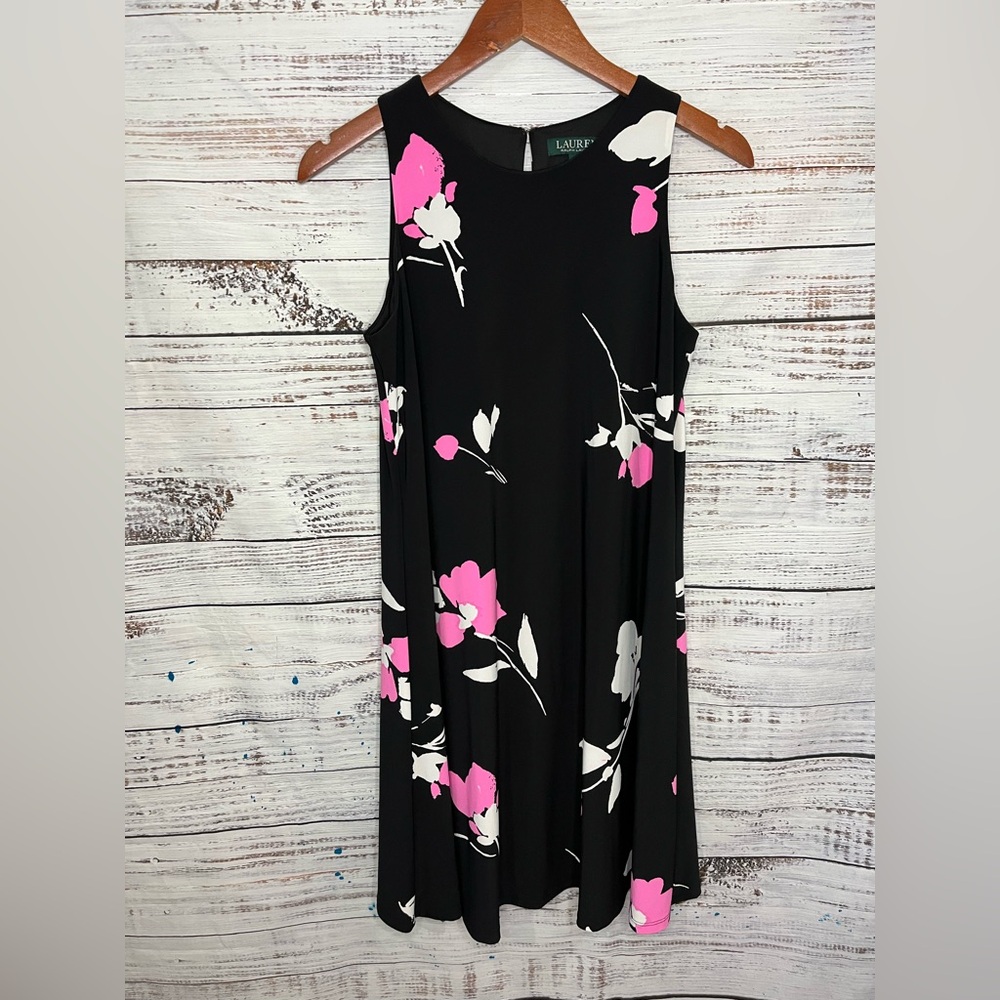 Lauren Ralph Lauren Womens Size 8 Dress Black Pink Floral A Line Sleeveless